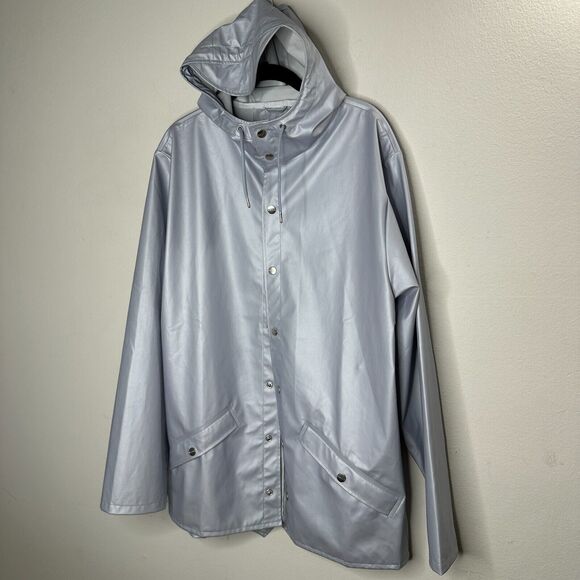 Rains Unisex Pale Blue Front Snap Midline Drawstring Hooded Rain Jacket S / M - Picture 5 of 16